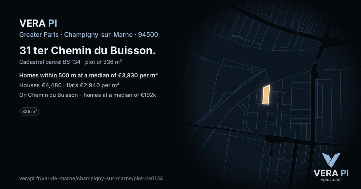 31 ter Chemin du Buisson, Champigny-sur-Marne at night – the plot lit, the parcels around coloured by the prices near them