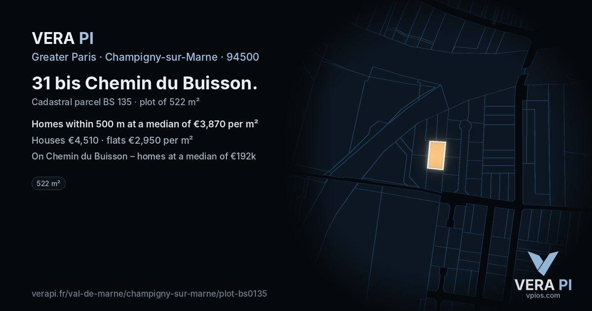 31 bis Chemin du Buisson, Champigny-sur-Marne at night – the plot lit, the parcels around coloured by the prices near them