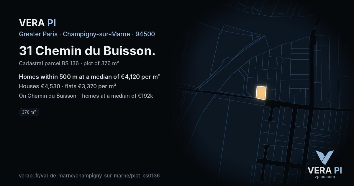 31 Chemin du Buisson, Champigny-sur-Marne at night – the plot lit, the parcels around coloured by the prices near them