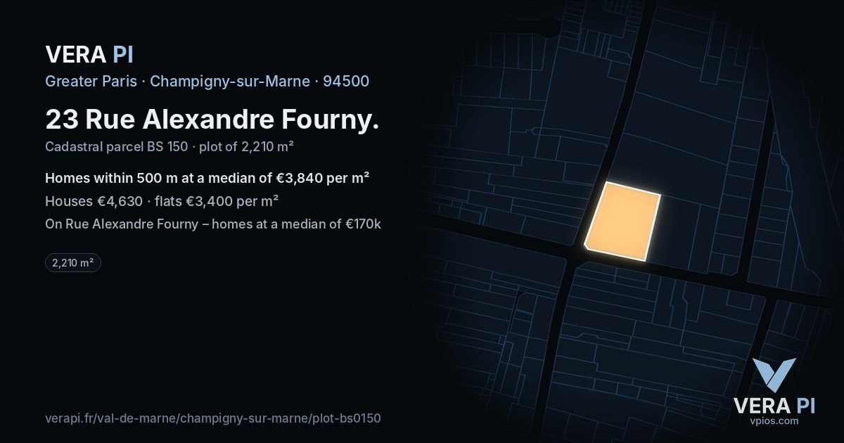 23 Rue Alexandre Fourny, Champigny-sur-Marne at night – the plot lit, the parcels around coloured by the prices near them
