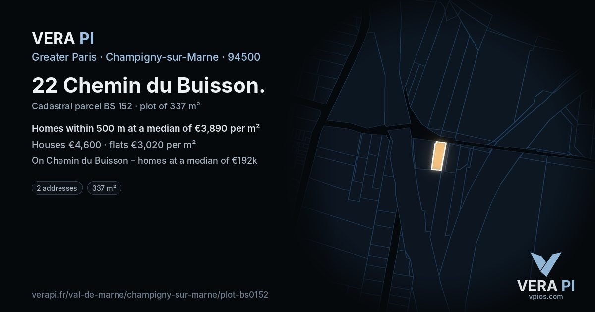 22 Chemin du Buisson, Champigny-sur-Marne at night – the plot lit, the parcels around coloured by the prices near them