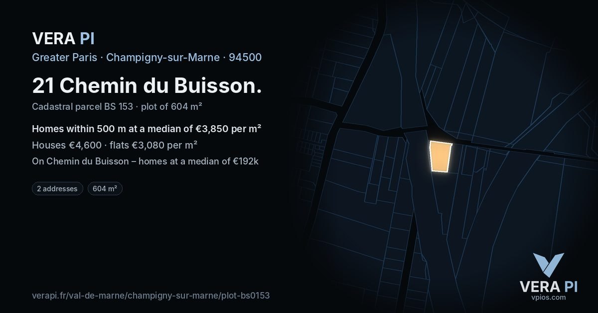 21 Chemin du Buisson, Champigny-sur-Marne at night – the plot lit, the parcels around coloured by the prices near them