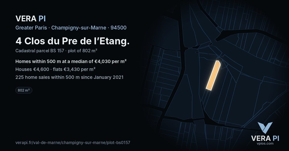 4 Clos du Pre de l’Etang, Champigny-sur-Marne at night – the plot lit, the parcels around coloured by the prices near them