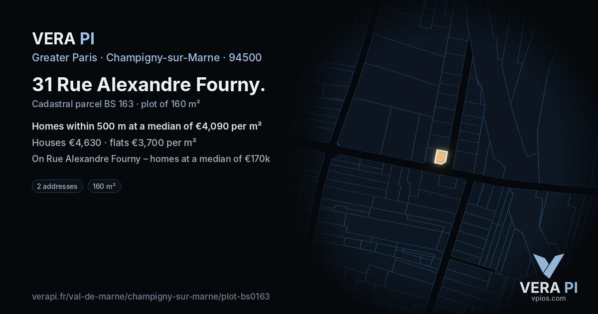 31 Rue Alexandre Fourny, Champigny-sur-Marne at night – the plot lit, the parcels around coloured by the prices near them