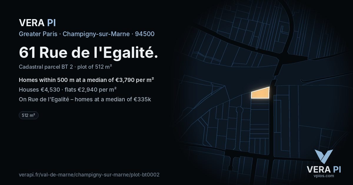 61 Rue de l'Egalité, Champigny-sur-Marne at night – the plot lit, the parcels around coloured by the prices near them