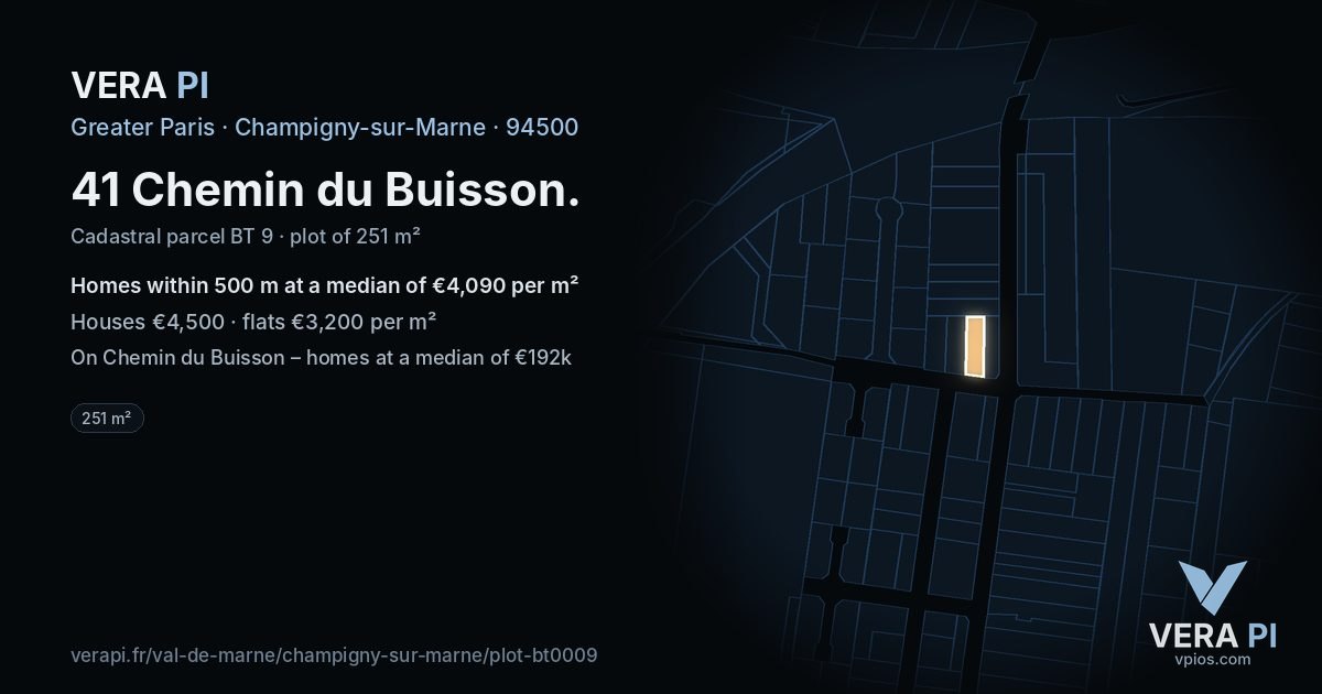 41 Chemin du Buisson, Champigny-sur-Marne at night – the plot lit, the parcels around coloured by the prices near them