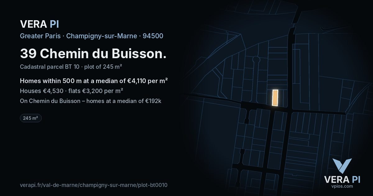 39 Chemin du Buisson, Champigny-sur-Marne at night – the plot lit, the parcels around coloured by the prices near them