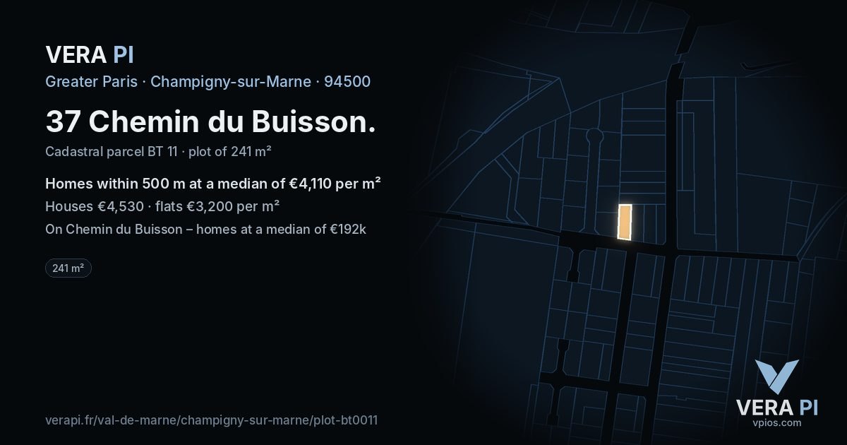 37 Chemin du Buisson, Champigny-sur-Marne at night – the plot lit, the parcels around coloured by the prices near them