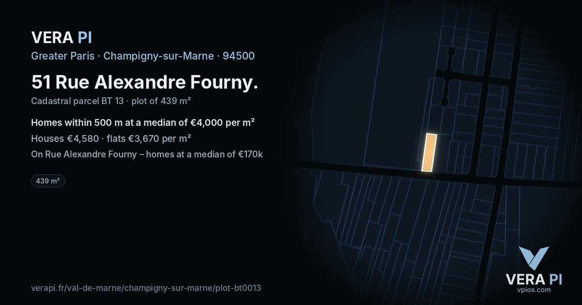 51 Rue Alexandre Fourny, Champigny-sur-Marne at night – the plot lit, the parcels around coloured by the prices near them