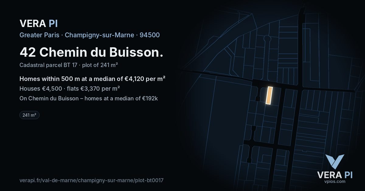 42 Chemin du Buisson, Champigny-sur-Marne at night – the plot lit, the parcels around coloured by the prices near them