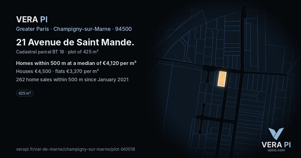 21 Avenue de Saint Mande, Champigny-sur-Marne at night – the plot lit, the parcels around coloured by the prices near them