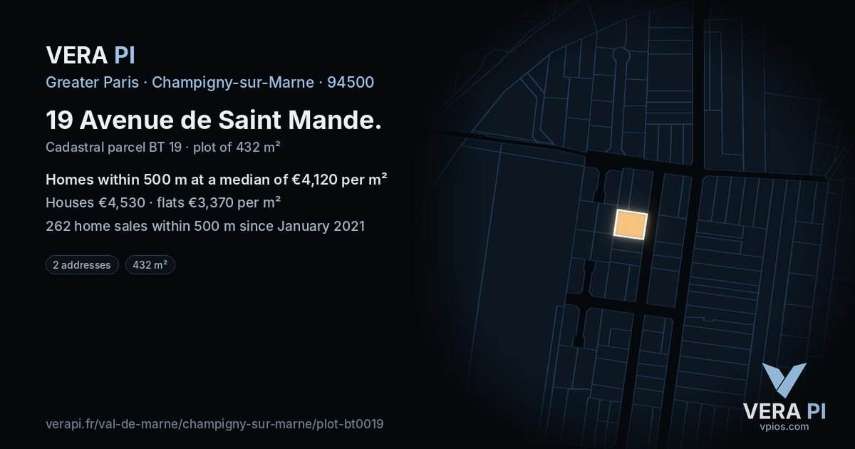 19 Avenue de Saint Mande, Champigny-sur-Marne at night – the plot lit, the parcels around coloured by the prices near them