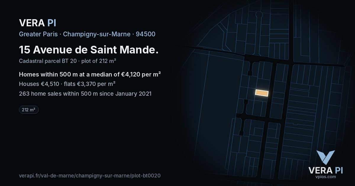15 Avenue de Saint Mande, Champigny-sur-Marne at night – the plot lit, the parcels around coloured by the prices near them