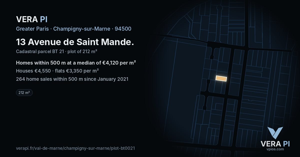 13 Avenue de Saint Mande, Champigny-sur-Marne at night – the plot lit, the parcels around coloured by the prices near them