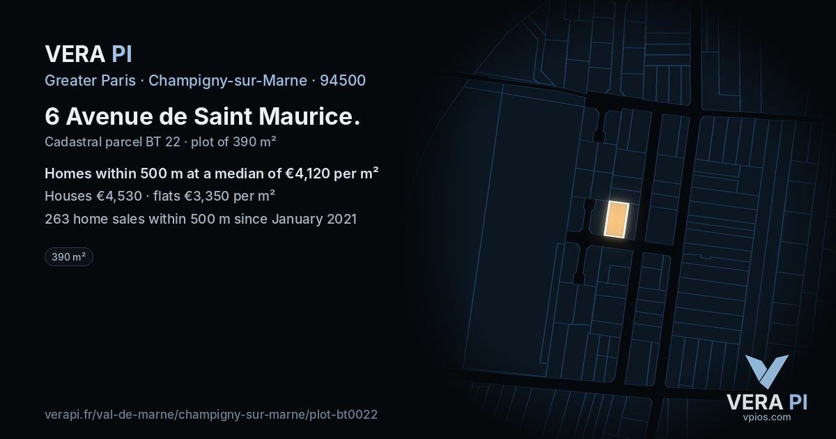 6 Avenue de Saint Maurice, Champigny-sur-Marne at night – the plot lit, the parcels around coloured by the prices near them