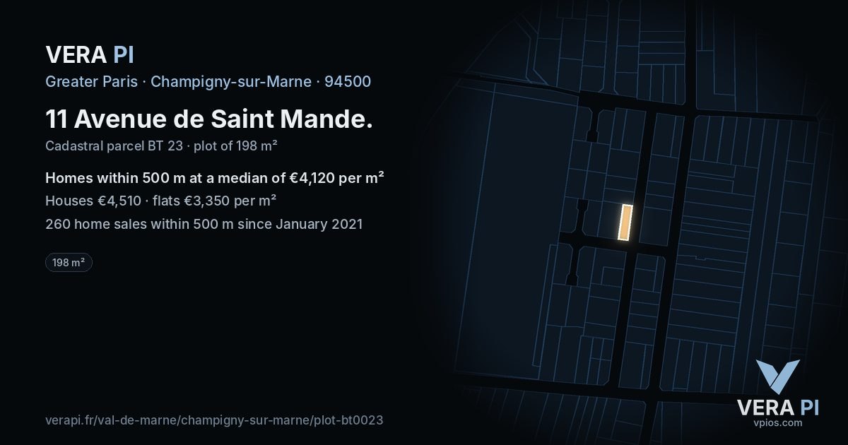 11 Avenue de Saint Mande, Champigny-sur-Marne at night – the plot lit, the parcels around coloured by the prices near them