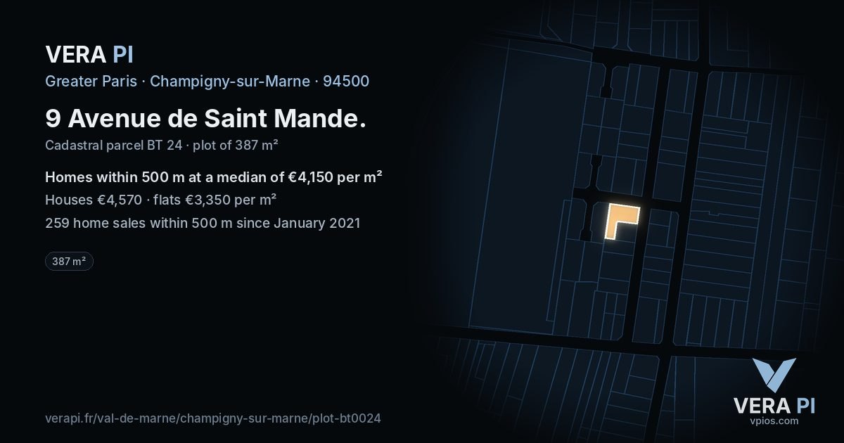 9 Avenue de Saint Mande, Champigny-sur-Marne at night – the plot lit, the parcels around coloured by the prices near them