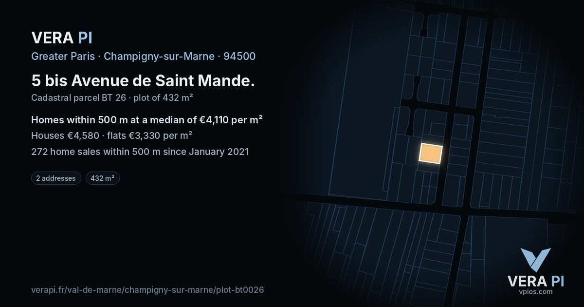5 bis Avenue de Saint Mande, Champigny-sur-Marne at night – the plot lit, the parcels around coloured by the prices near them