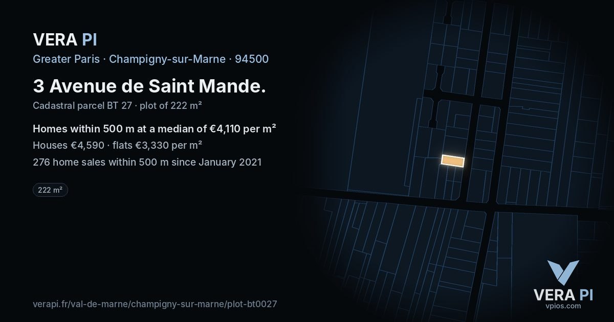 3 Avenue de Saint Mande, Champigny-sur-Marne at night – the plot lit, the parcels around coloured by the prices near them