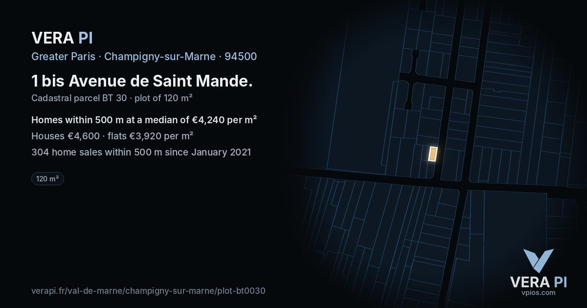 1 bis Avenue de Saint Mande, Champigny-sur-Marne at night – the plot lit, the parcels around coloured by the prices near them
