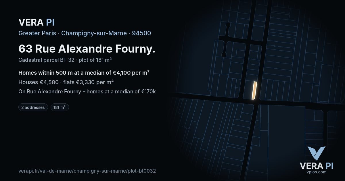63 Rue Alexandre Fourny, Champigny-sur-Marne at night – the plot lit, the parcels around coloured by the prices near them