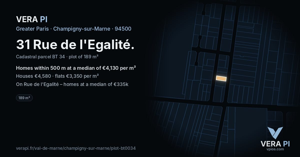 31 Rue de l'Egalité, Champigny-sur-Marne at night – the plot lit, the parcels around coloured by the prices near them