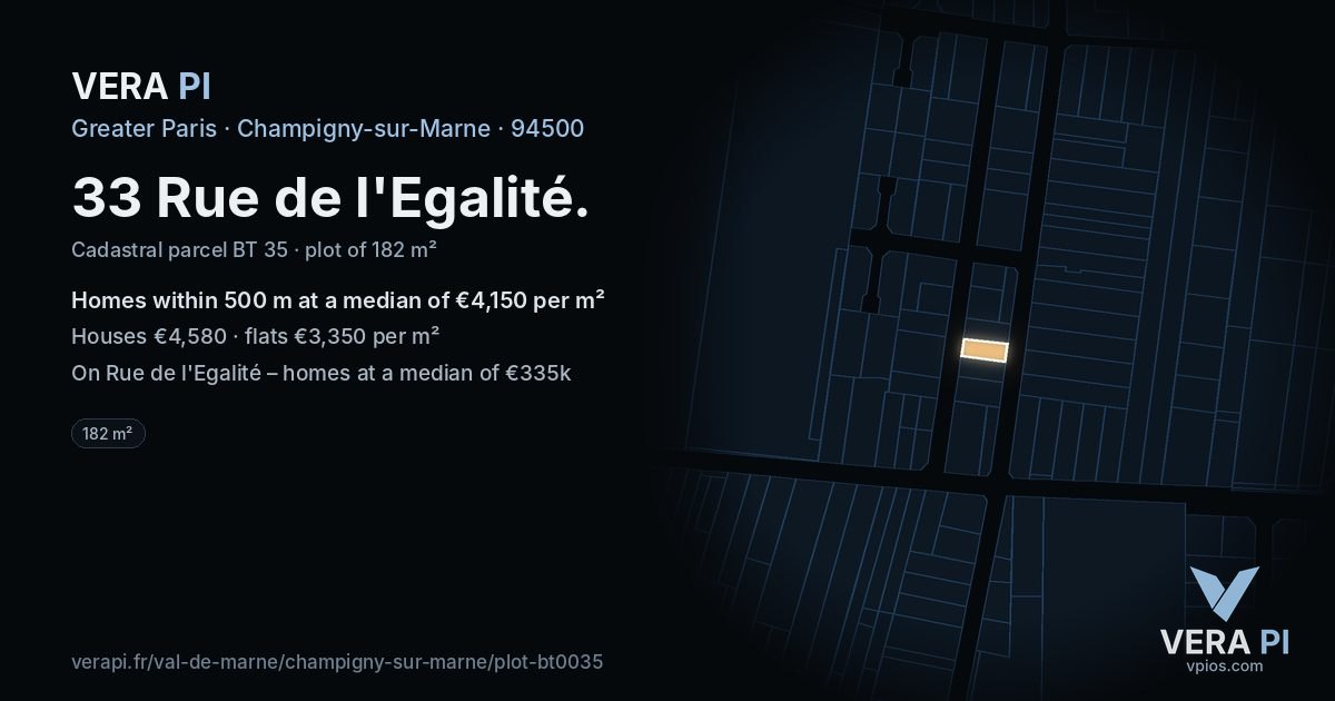 33 Rue de l'Egalité, Champigny-sur-Marne at night – the plot lit, the parcels around coloured by the prices near them