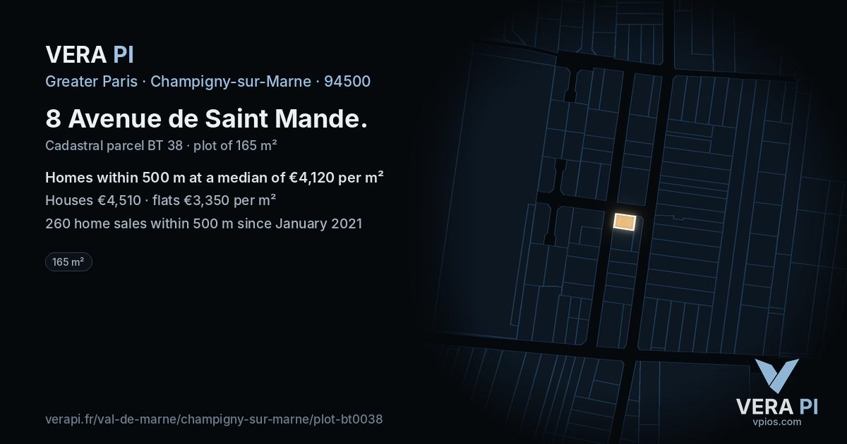8 Avenue de Saint Mande, Champigny-sur-Marne at night – the plot lit, the parcels around coloured by the prices near them