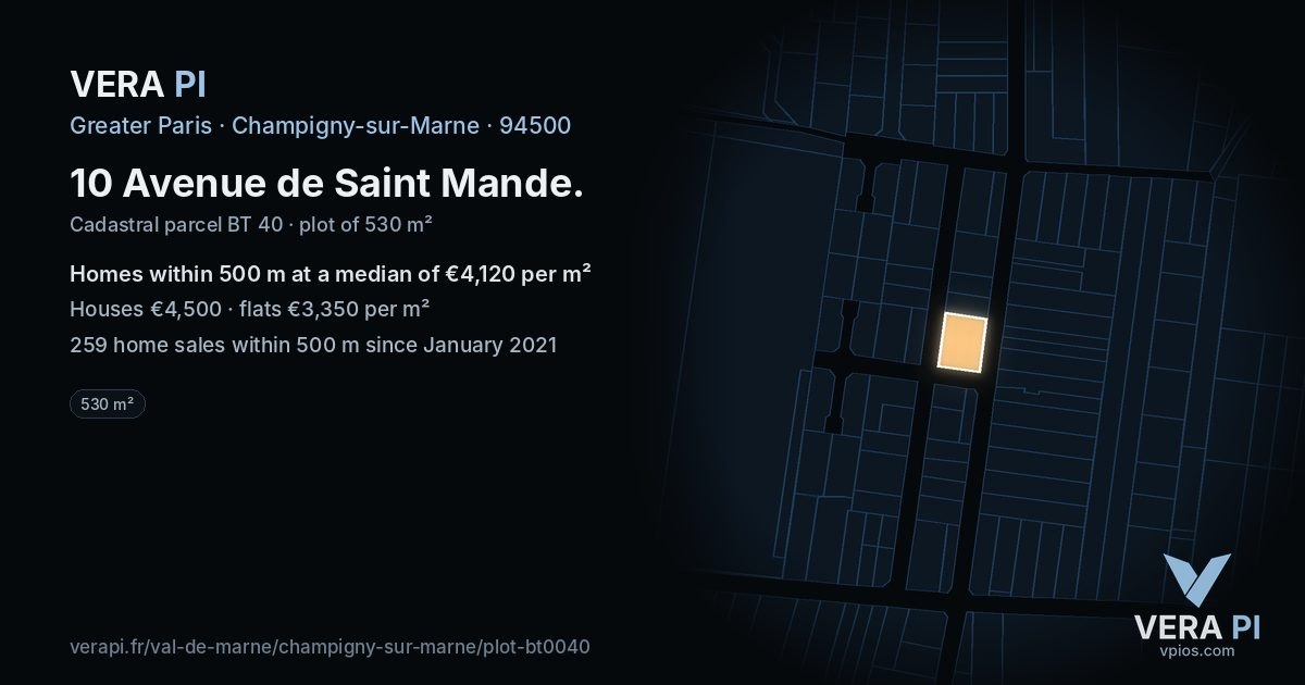 10 Avenue de Saint Mande, Champigny-sur-Marne at night – the plot lit, the parcels around coloured by the prices near them