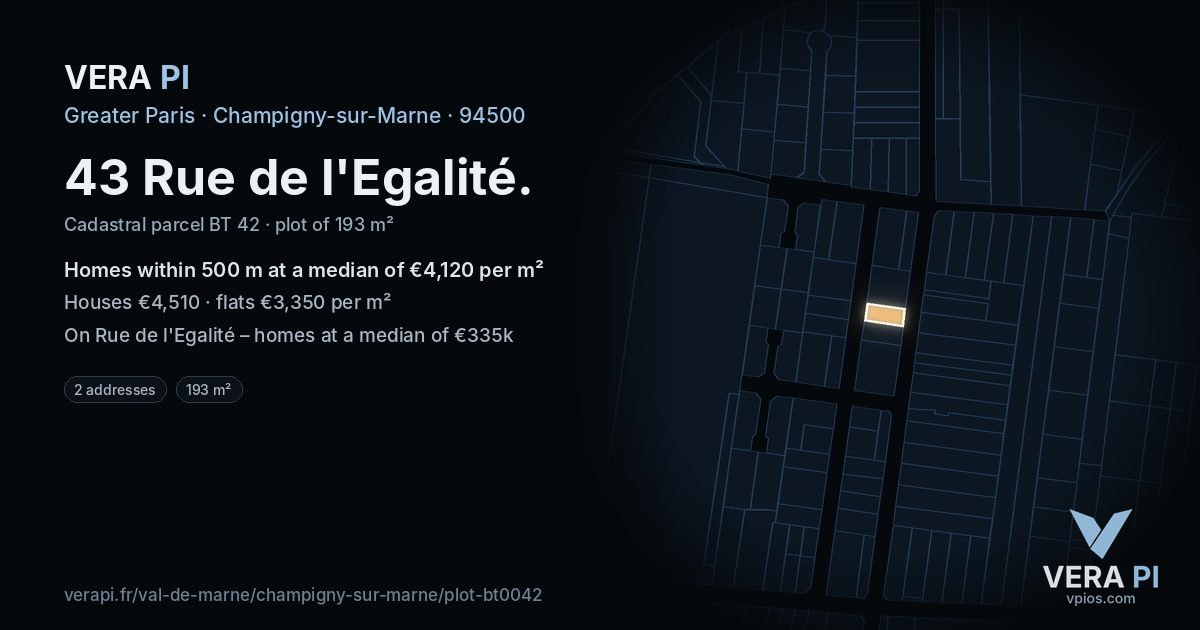 43 Rue de l'Egalité, Champigny-sur-Marne at night – the plot lit, the parcels around coloured by the prices near them