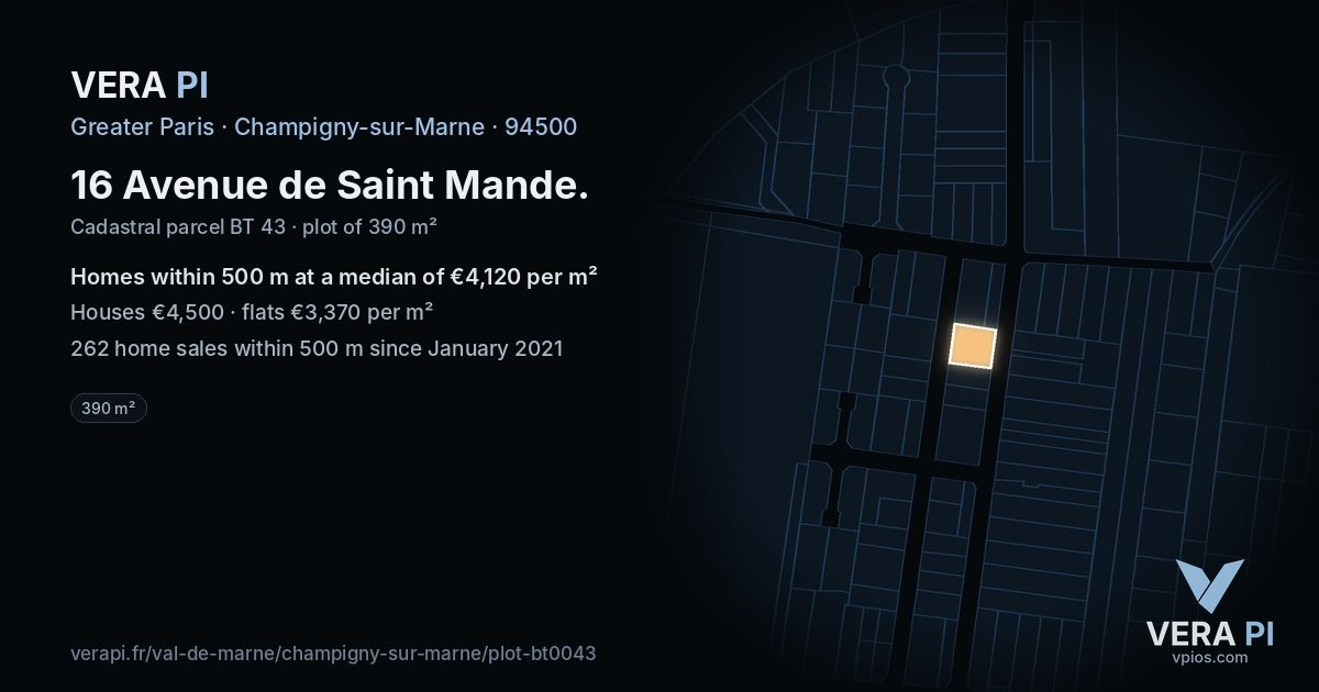 16 Avenue de Saint Mande, Champigny-sur-Marne at night – the plot lit, the parcels around coloured by the prices near them
