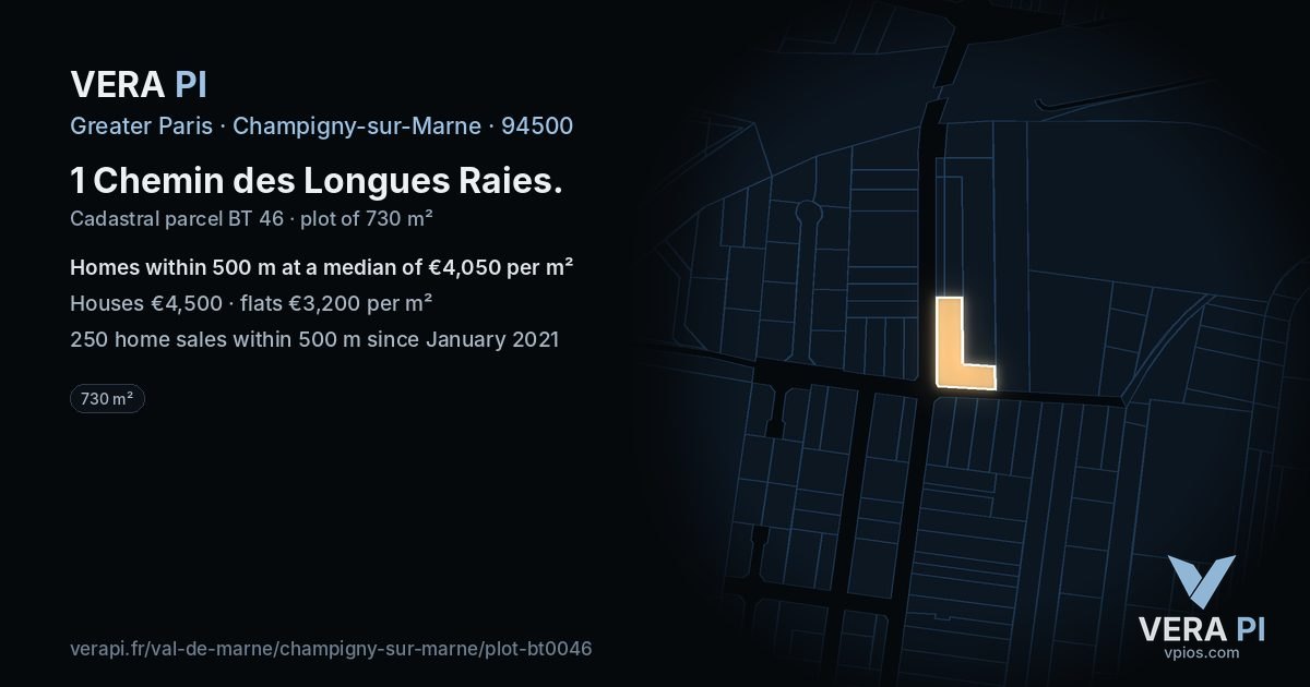 1 Chemin des Longues Raies, Champigny-sur-Marne at night – the plot lit, the parcels around coloured by the prices near them