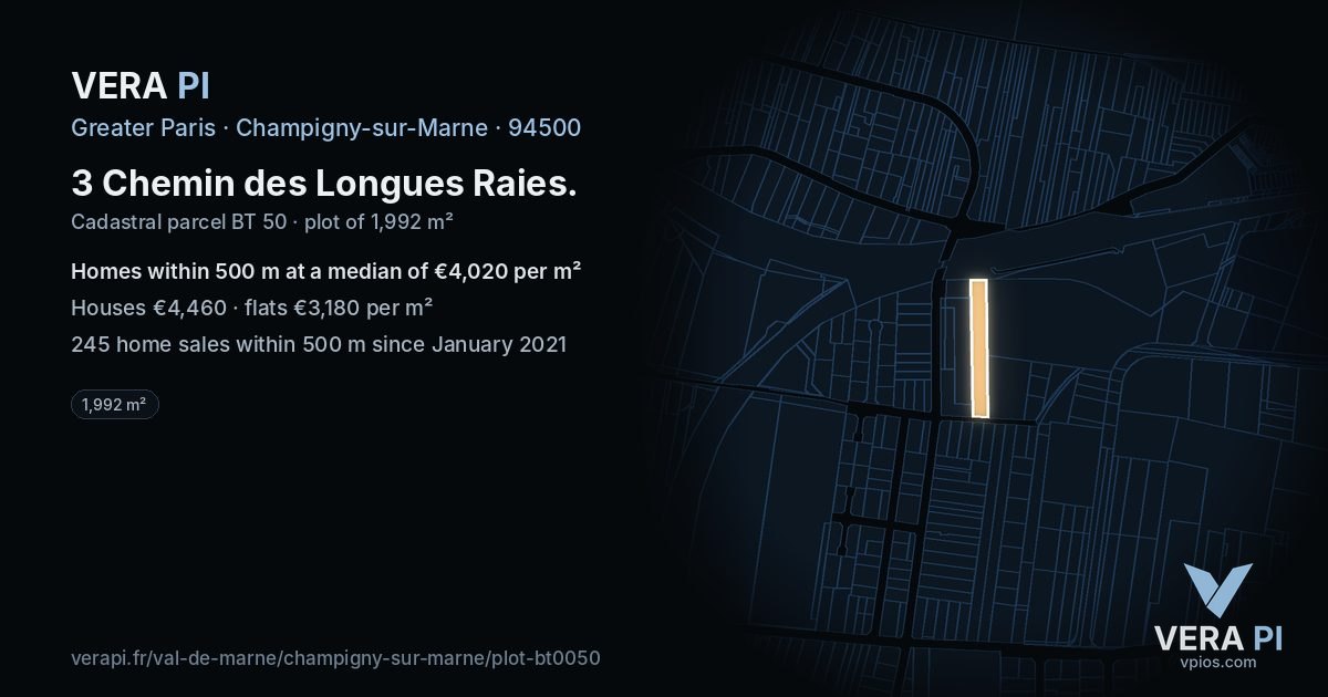 3 Chemin des Longues Raies, Champigny-sur-Marne at night – the plot lit, the parcels around coloured by the prices near them