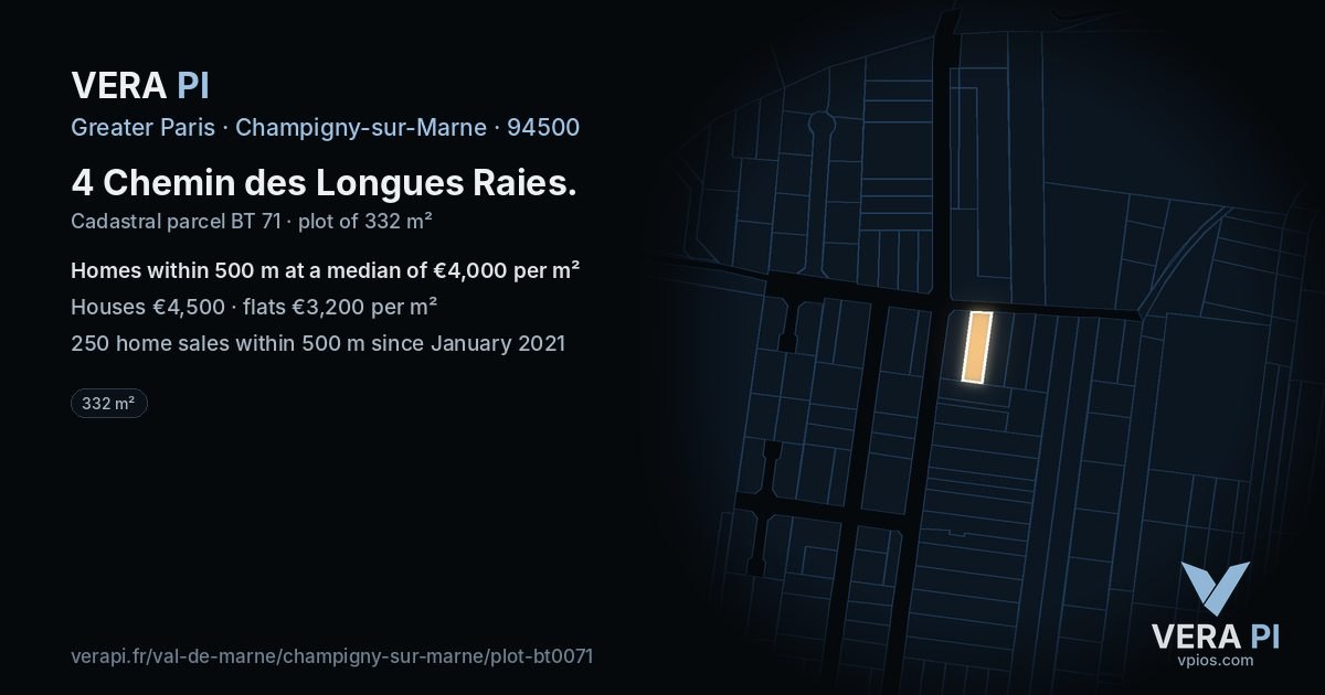 4 Chemin des Longues Raies, Champigny-sur-Marne at night – the plot lit, the parcels around coloured by the prices near them