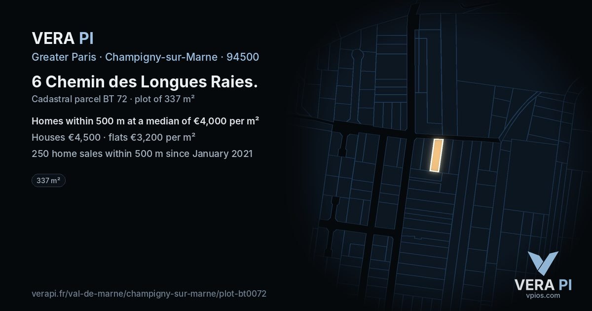 6 Chemin des Longues Raies, Champigny-sur-Marne at night – the plot lit, the parcels around coloured by the prices near them
