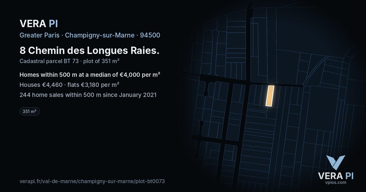 8 Chemin des Longues Raies, Champigny-sur-Marne at night – the plot lit, the parcels around coloured by the prices near them