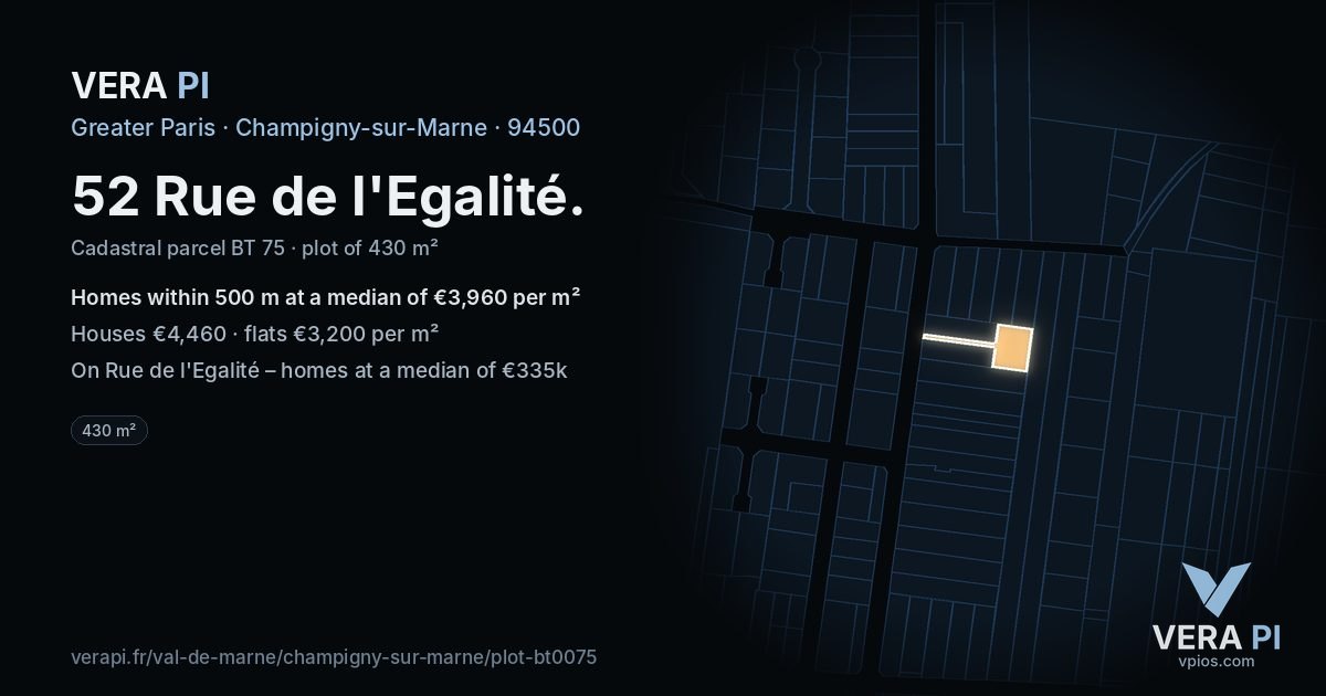 52 Rue de l'Egalité, Champigny-sur-Marne at night – the plot lit, the parcels around coloured by the prices near them