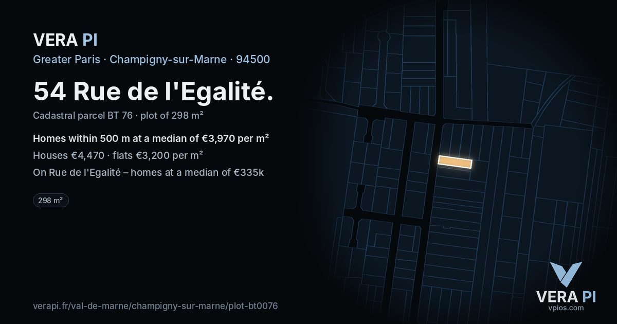 54 Rue de l'Egalité, Champigny-sur-Marne at night – the plot lit, the parcels around coloured by the prices near them