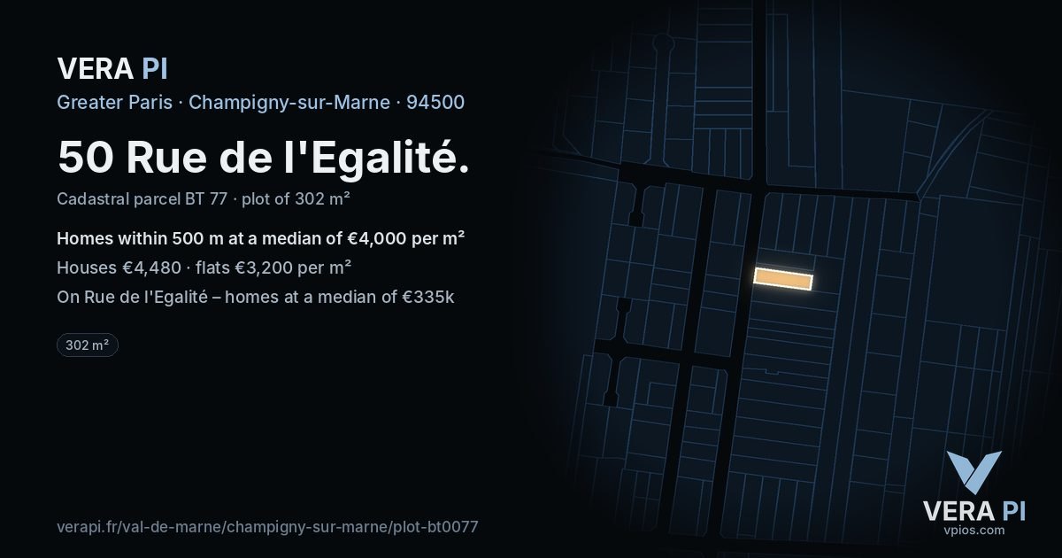 50 Rue de l'Egalité, Champigny-sur-Marne at night – the plot lit, the parcels around coloured by the prices near them
