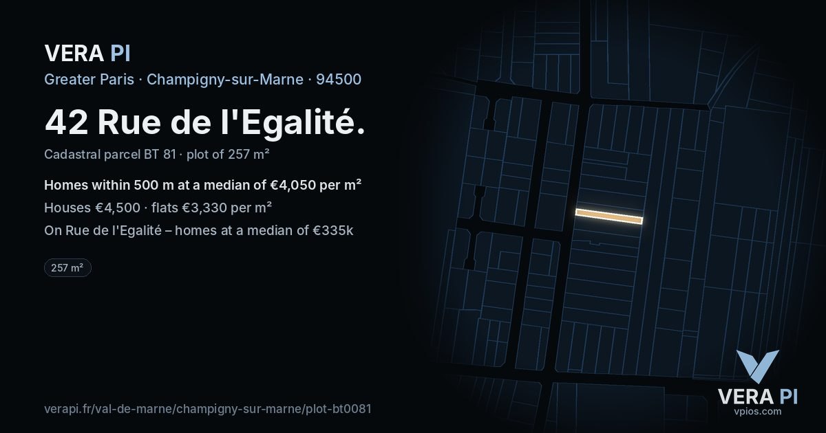 42 Rue de l'Egalité, Champigny-sur-Marne at night – the plot lit, the parcels around coloured by the prices near them