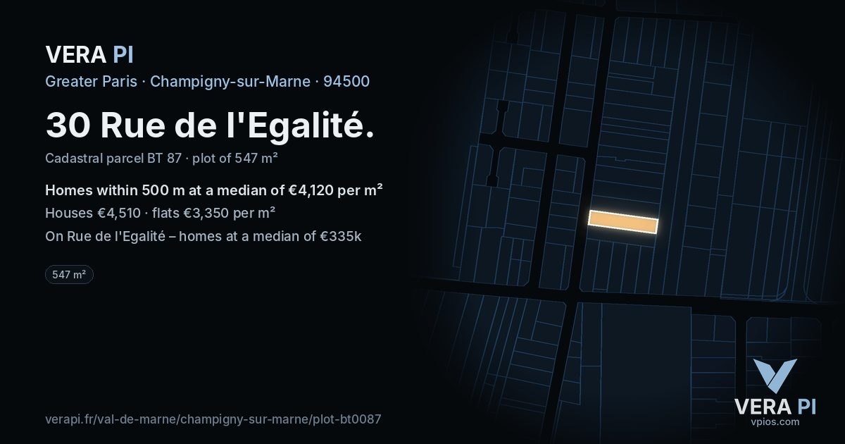 30 Rue de l'Egalité, Champigny-sur-Marne at night – the plot lit, the parcels around coloured by the prices near them