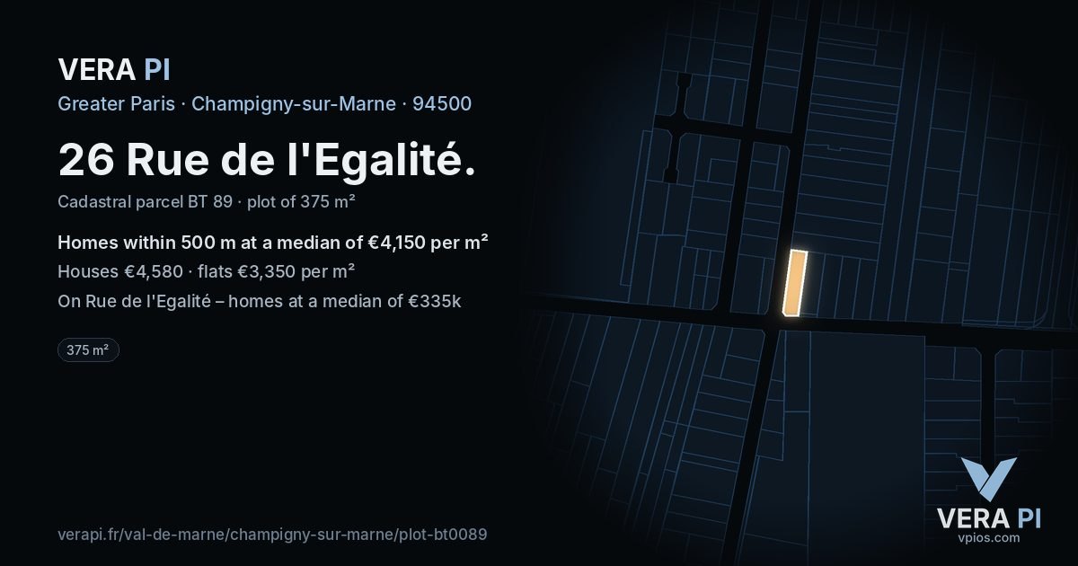 26 Rue de l'Egalité, Champigny-sur-Marne at night – the plot lit, the parcels around coloured by the prices near them