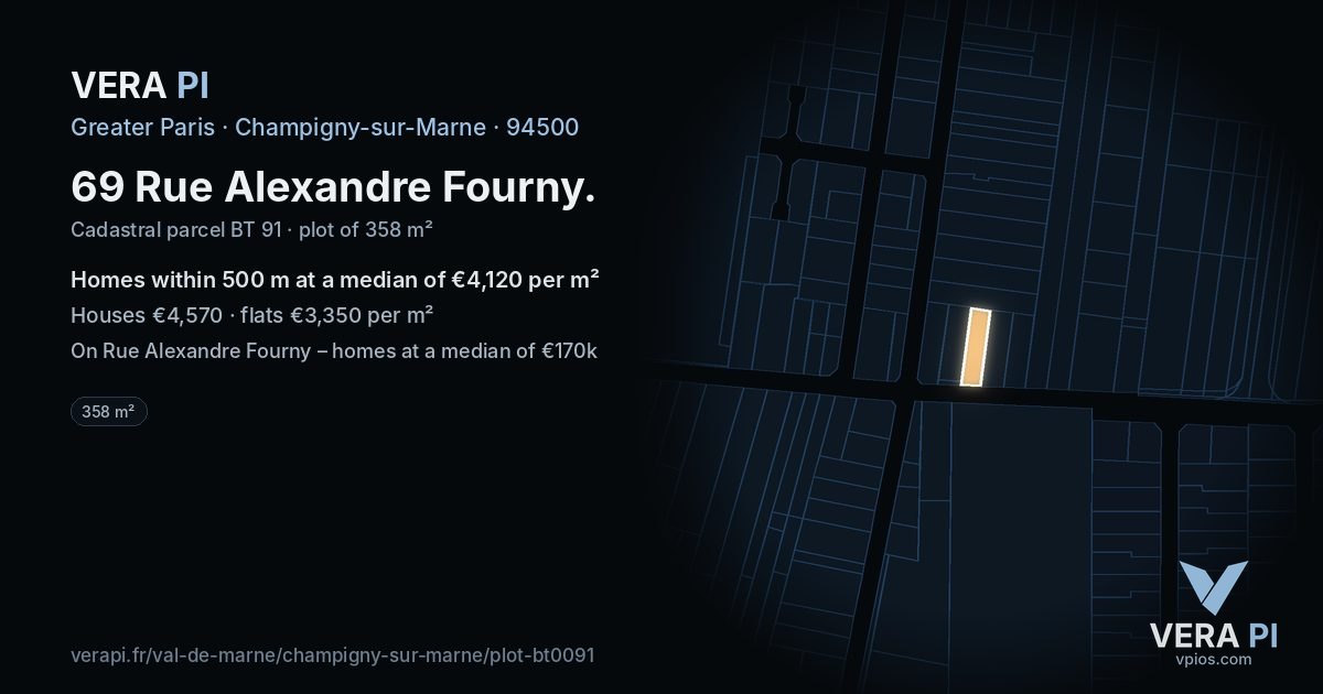69 Rue Alexandre Fourny, Champigny-sur-Marne at night – the plot lit, the parcels around coloured by the prices near them