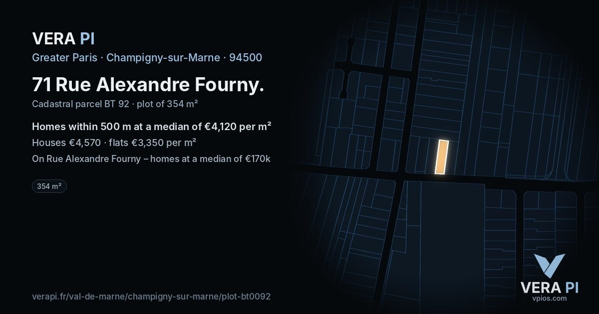 71 Rue Alexandre Fourny, Champigny-sur-Marne at night – the plot lit, the parcels around coloured by the prices near them