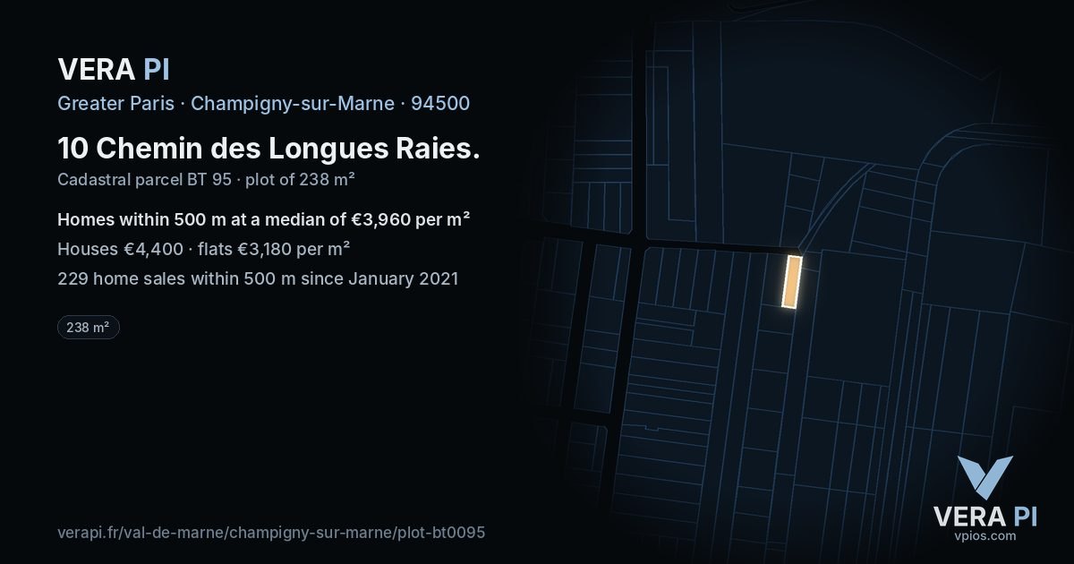 10 Chemin des Longues Raies, Champigny-sur-Marne at night – the plot lit, the parcels around coloured by the prices near them