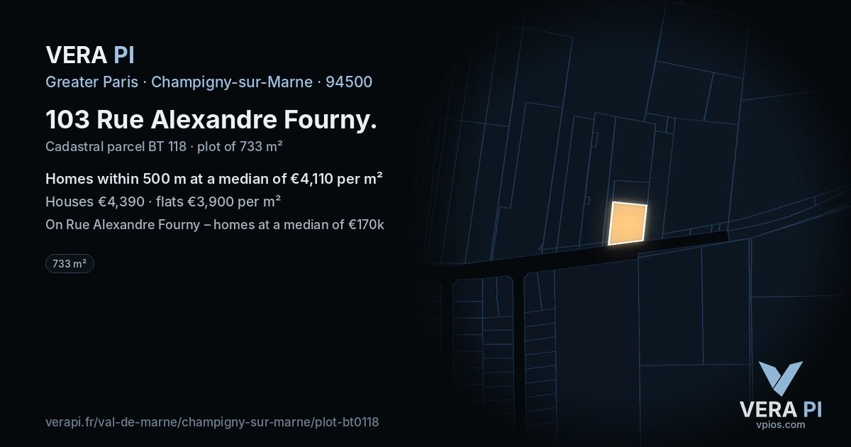 103 Rue Alexandre Fourny, Champigny-sur-Marne at night – the plot lit, the parcels around coloured by the prices near them