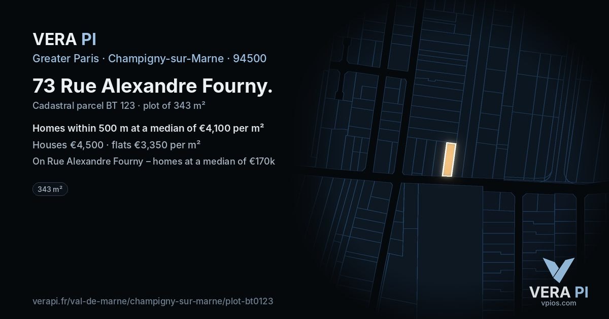 73 Rue Alexandre Fourny, Champigny-sur-Marne at night – the plot lit, the parcels around coloured by the prices near them