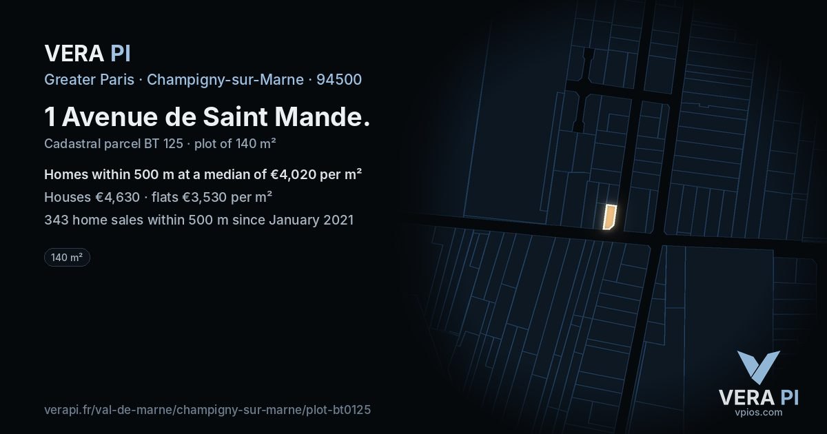 1 Avenue de Saint Mande, Champigny-sur-Marne at night – the plot lit, the parcels around coloured by the prices near them