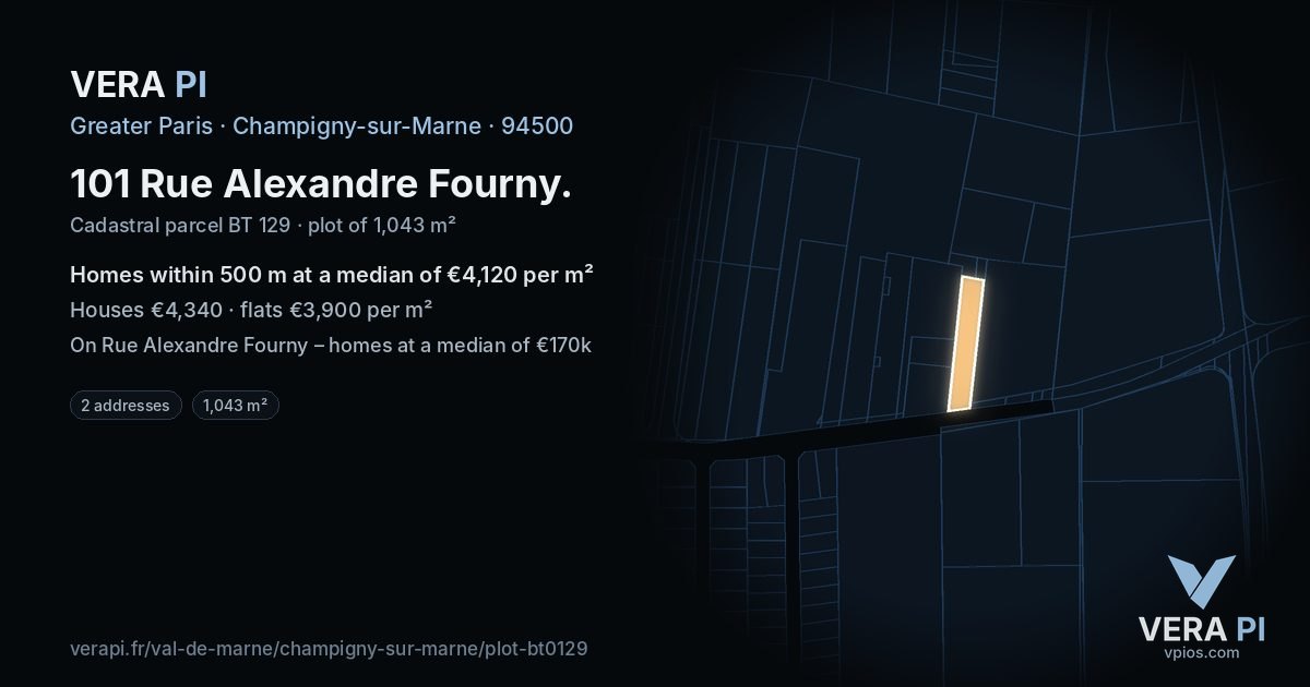 101 Rue Alexandre Fourny, Champigny-sur-Marne at night – the plot lit, the parcels around coloured by the prices near them