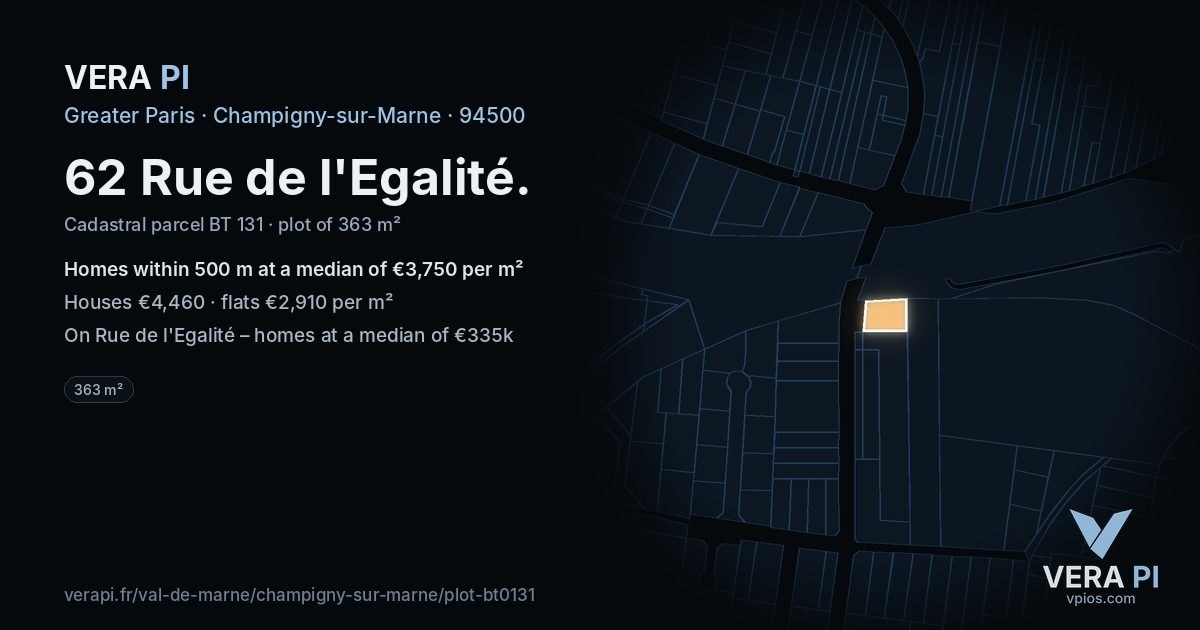 62 Rue de l'Egalité, Champigny-sur-Marne at night – the plot lit, the parcels around coloured by the prices near them
